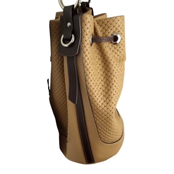 The Trend Tan Genuine Leather Woven Basketweave Drawstring Bucket Bag - Picture 5 of 8